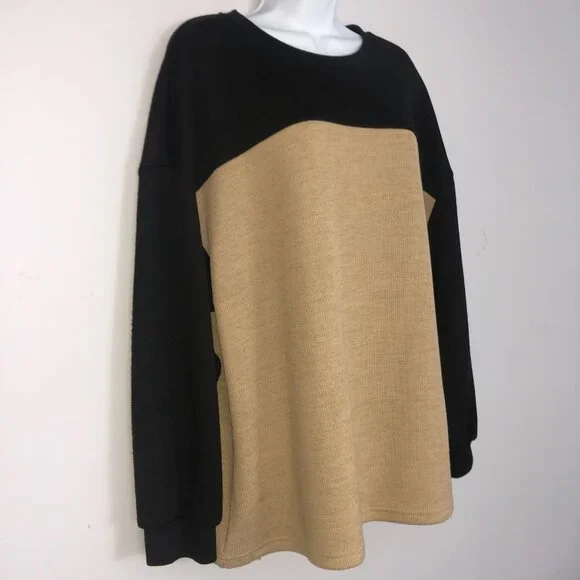 Shein Curve Sweater Womens 2XL Two Tone Black Tan Long Sleeve Pullover Crewneck - Picture 3 of 5